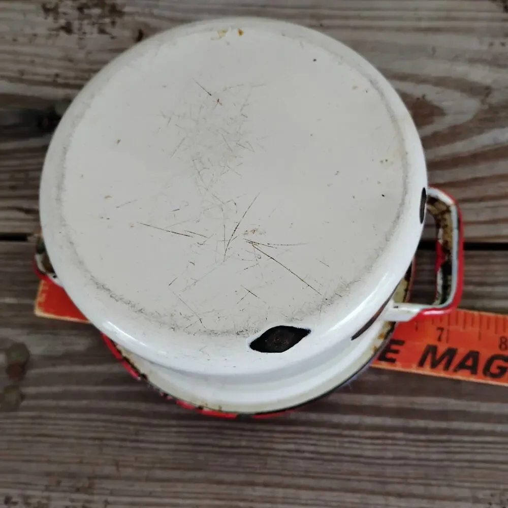 VTG❤️🤍Red White Enamelware Pot Lid Handles Farmhouse Distressed Camp Decor